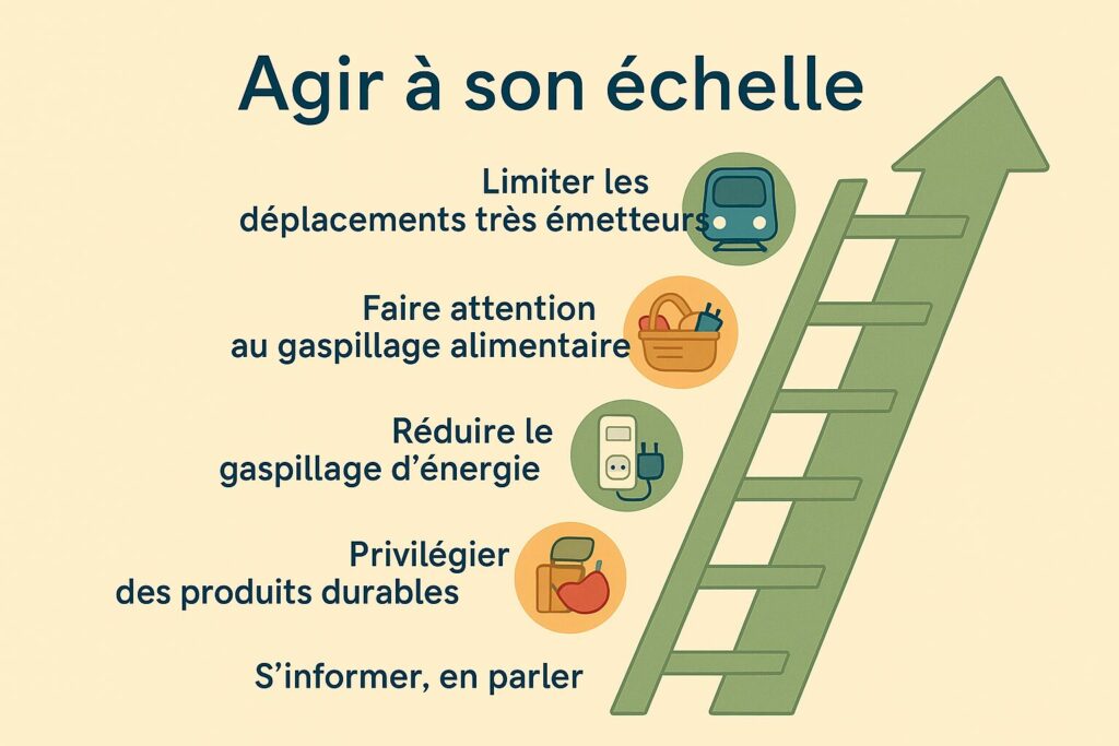 Échelle d’actions avec exemples : limiter les déplacements très émetteurs, gaspillage alimentaire, réduire l’énergie, produits durables, s’informer.