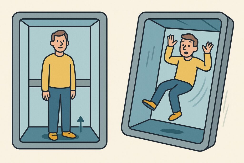 Deux dessins montrant un ascenseur normal avec une personne debout et le même ascenseur en chute libre où la personne flotte presque en apesanteur.
