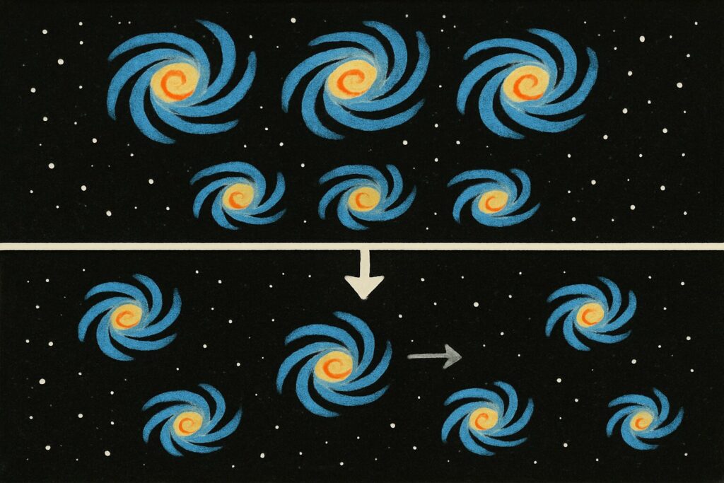 Deux vues de l’espace, l’une avec des galaxies rapprochées et l’autre avec des galaxies plus éloignées pour montrer l’expansion