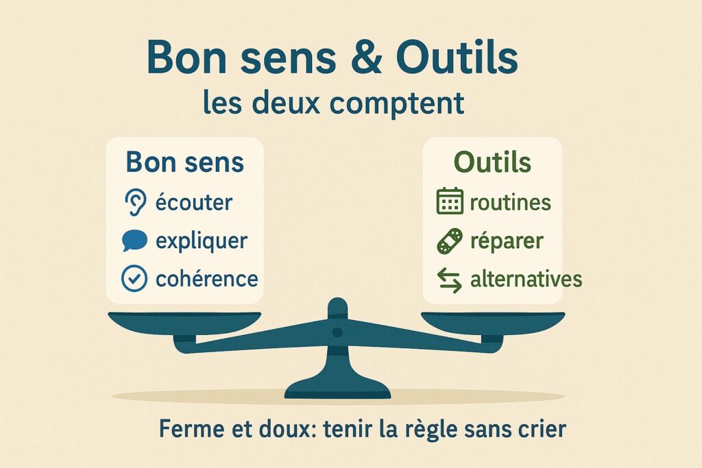 Infographie « Bon sens & Outils : les deux comptent » avec balance entre écouter/expliquer/cohérence et routines/réparer/alternatives.