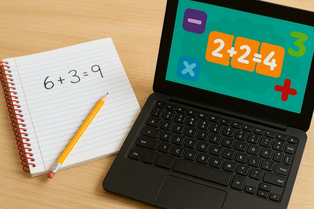 Cahier de devoirs posé à côté d’un ordinateur montrant un jeu de mathématiques avec l’opération 2 + 2 = 4, illustrant le lien entre travail sur feuille et apprentissages ludiques.