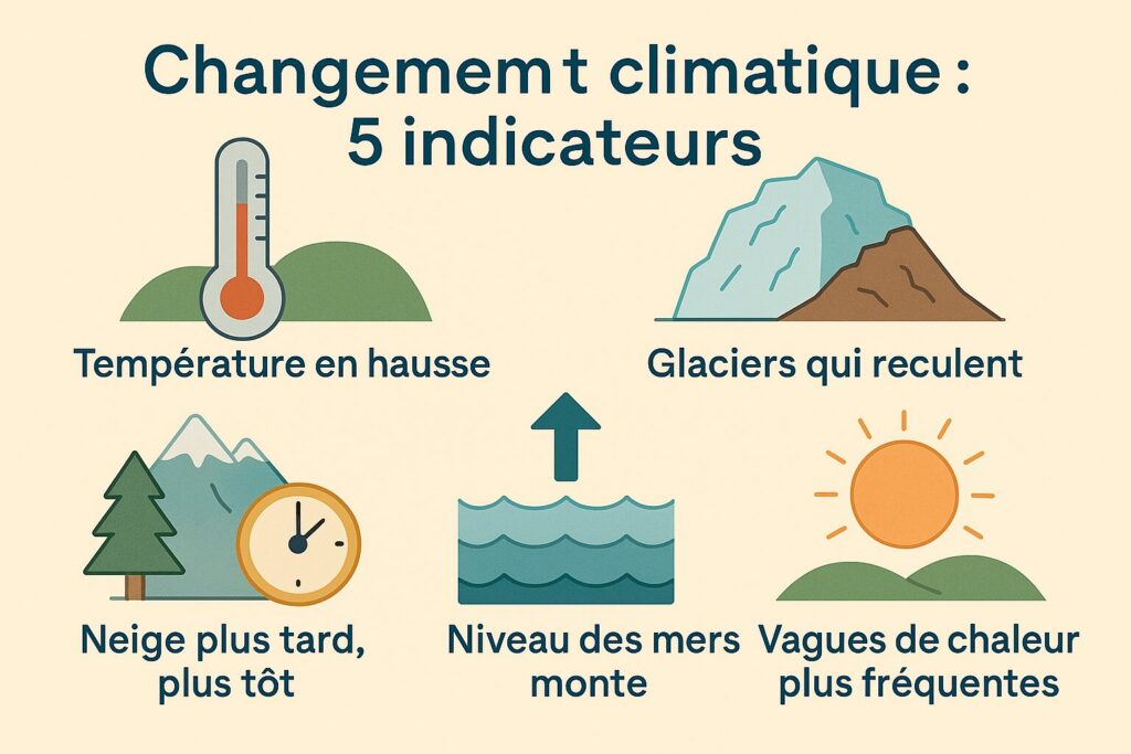Températures en hausse, glaciers qui reculent, neige plus tard/plus tôt, niveau des mers qui monte, vagues de chaleur plus fréquentes.