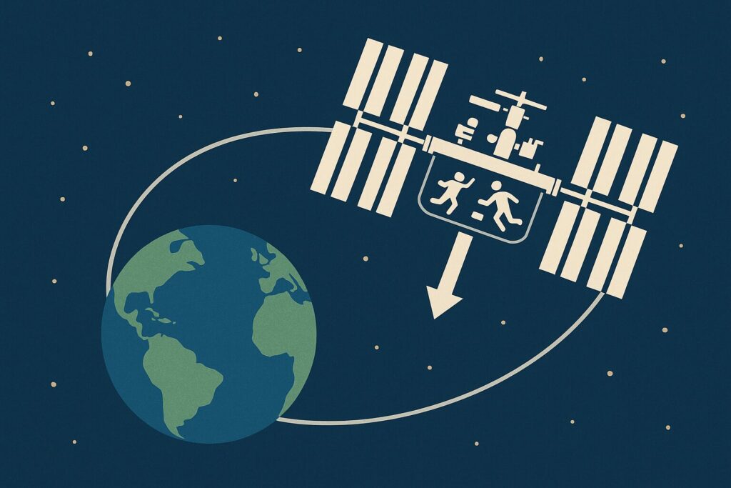 Illustration en format paysage montrant la Station spatiale internationale en orbite autour de la Terre avec une flèche pointant vers la planète pour représenter la gravité.