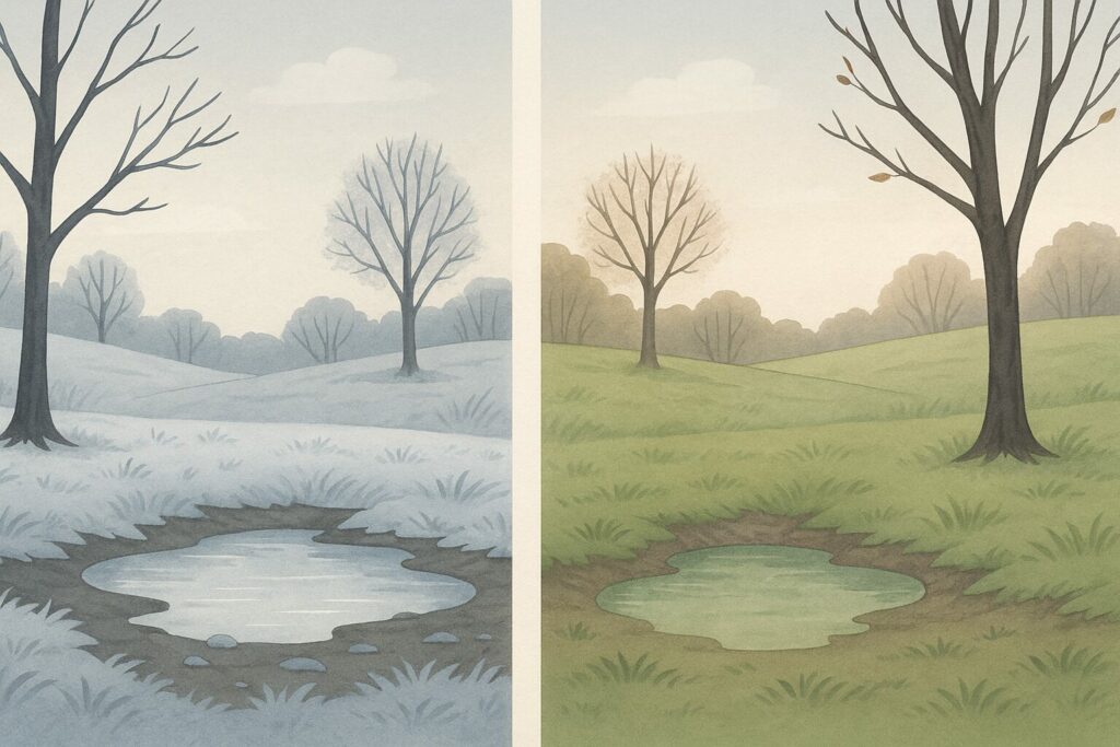 Deux paysages de fin d’automne, l’un froid et gelé, l’autre doux, pour illustrer l’évolution du climat.