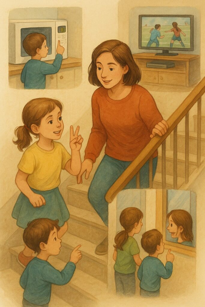 Parent et enfants qui comptent les marches, les bips du micro-ondes et les actions d’un match pour travailler les nombres au quotidien.