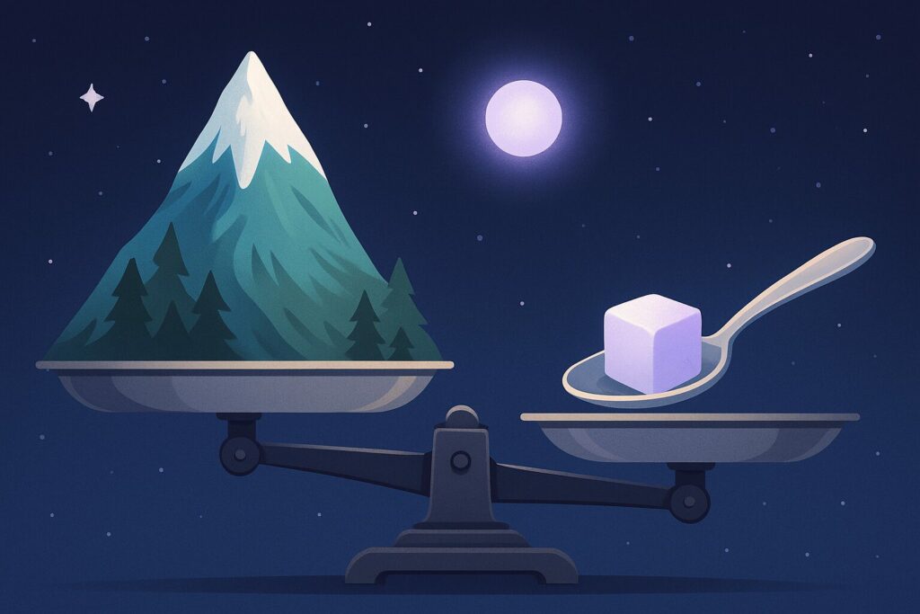 Balance montrant une montagne d’un côté et une cuillère contenant un petit cube de matière d’étoile à neutrons plus lourde de l’autre