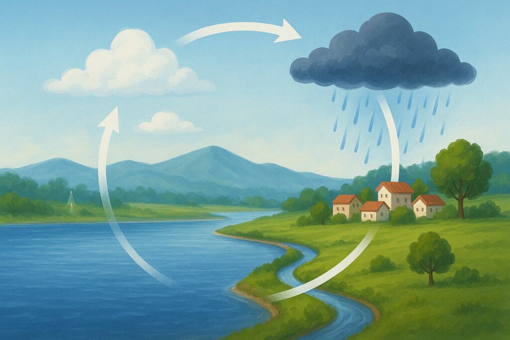 Illustration du cycle de l'eau : évaporation, condensation, pluie.