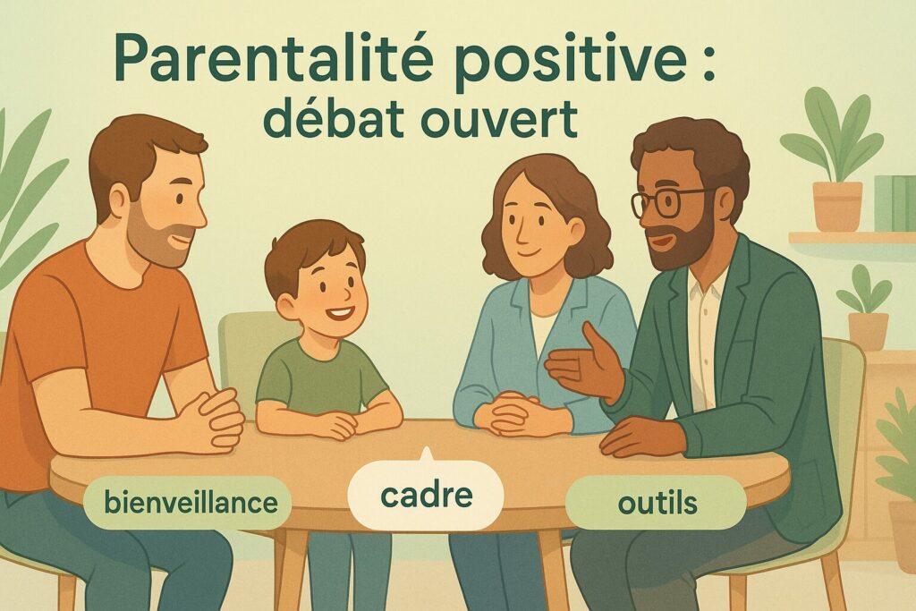 Parentalité positive : débat ouvert entre parent, enseignant et professionnel avec un enfant, mots-clés bienveillance, cadre, outils.
