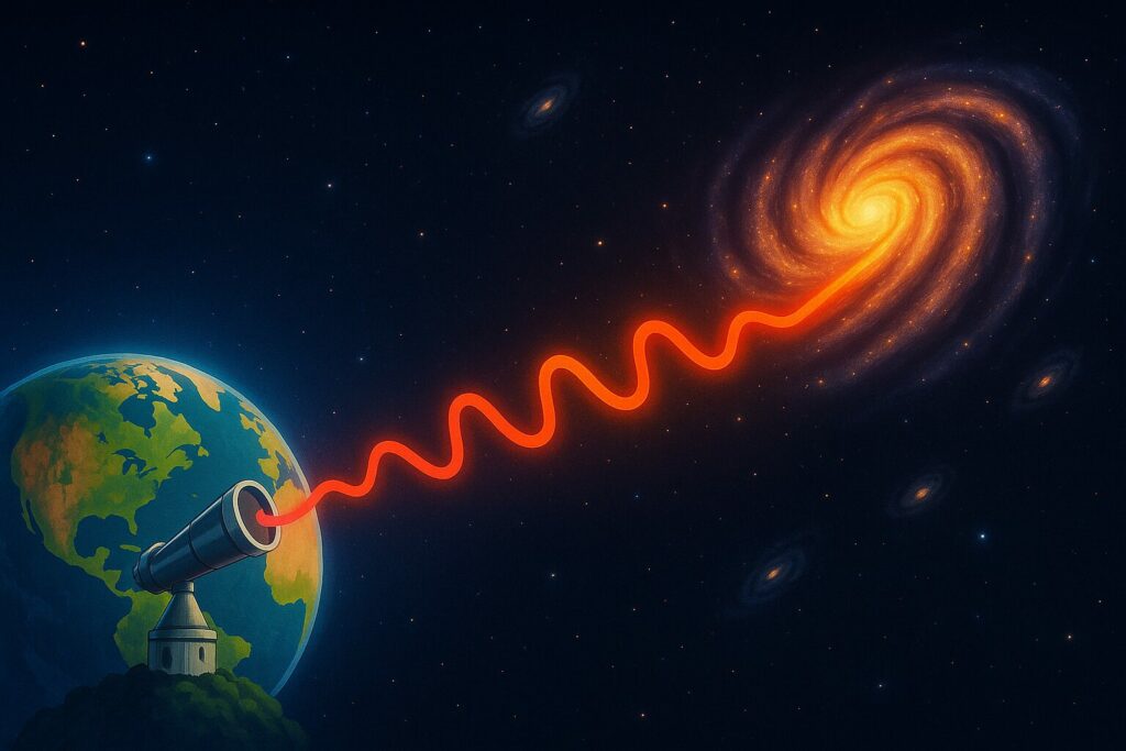 Illustration d’un télescope sur Terre observant une galaxie lointaine avec un rayon de lumière qui devient de plus en plus rouge