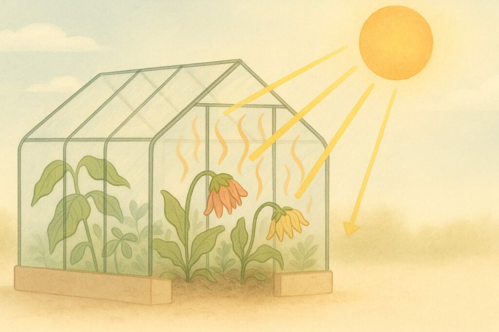 Soleil doux au-dessus d’une serre ; les rayons entrent, la chaleur s’accumule, les plantes flétrissent.