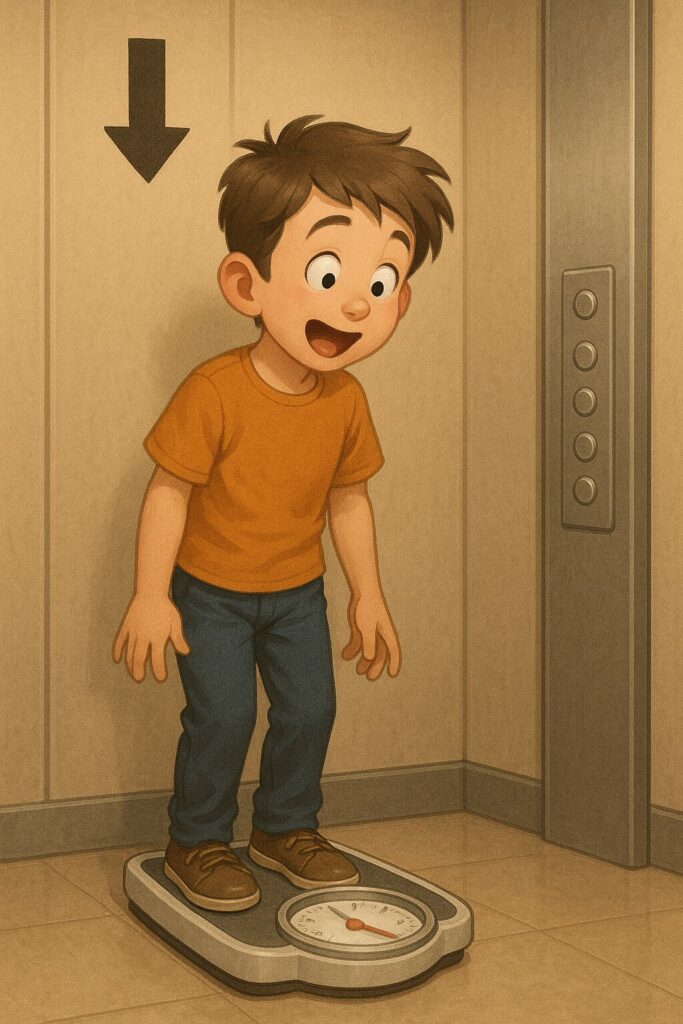 Enfant sur une balance dans un ascenseur qui descend, son poids indiqué diminue et il se sent plus léger.