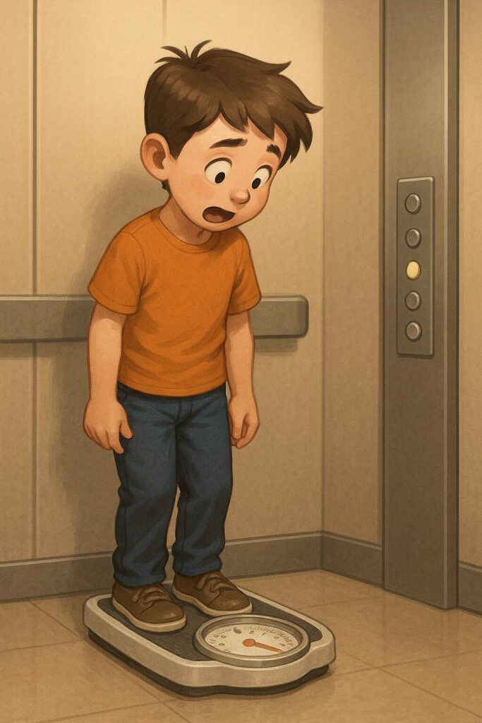 Enfant sur une balance dans un ascenseur qui démarre vers le haut, la balance indique un poids plus élevé.