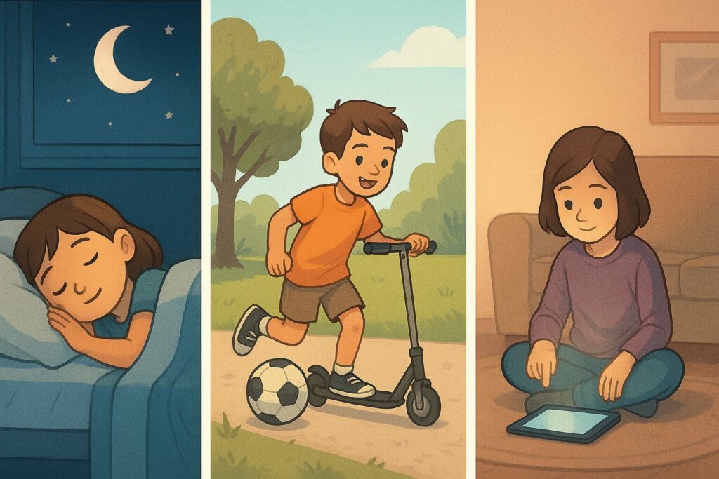 Trois scènes montrent un enfant qui dort, joue dehors puis utilise un écran, pour illustrer l’équilibre de la journée.
