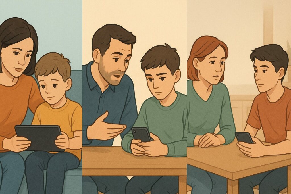 Trois scènes montrant un enfant, un préadolescent et un adolescent utilisant un écran avec des niveaux d’accompagnement parental différents selon l’âge.
