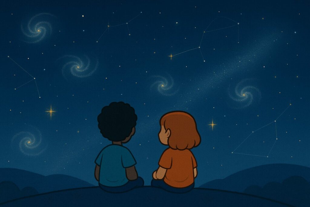 Deux enfants assis sur une colline regardant un ciel nocturne rempli d’étoiles, de galaxies et de constellations.