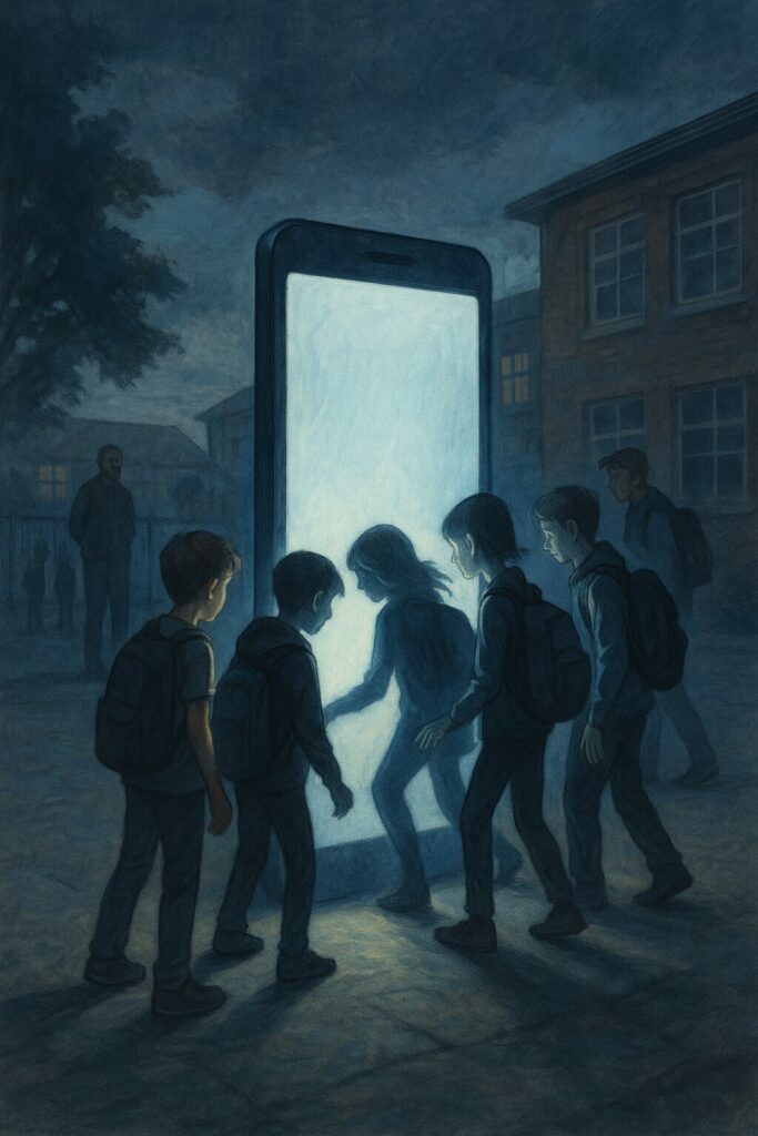 Plusieurs enfants dans une cour de récré sont attirés par un smartphone géant dont l’écran lumineux semble les aspirer.