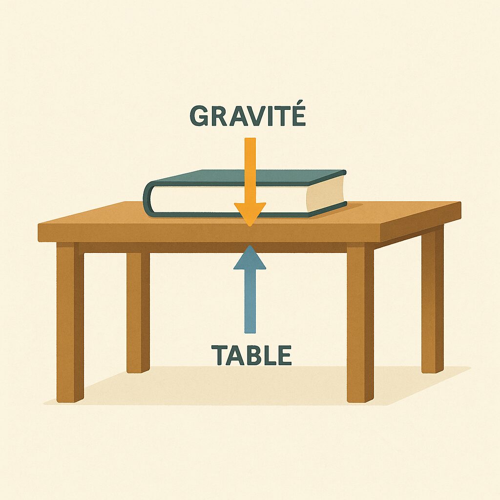 Illustration montrant un livre posé sur une table à quatre pieds avec une flèche vers le bas pour la gravité et une flèche vers le haut pour la force de la table.