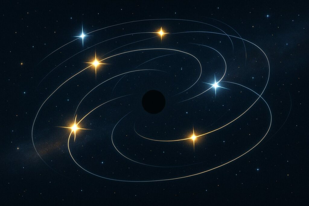Illustration d’étoiles en orbite rapide autour d’un centre invisible indiquant la présence d’un trou noir