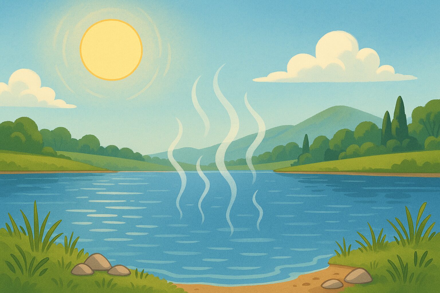 Illustration du phénomène d'évaporation de l'eau d'un lac sous le soleil.