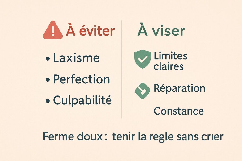 Affiche en deux colonnes : à éviter (laxisme, perfection, culpabilité) et à viser (limites claires, réparation, constance).
