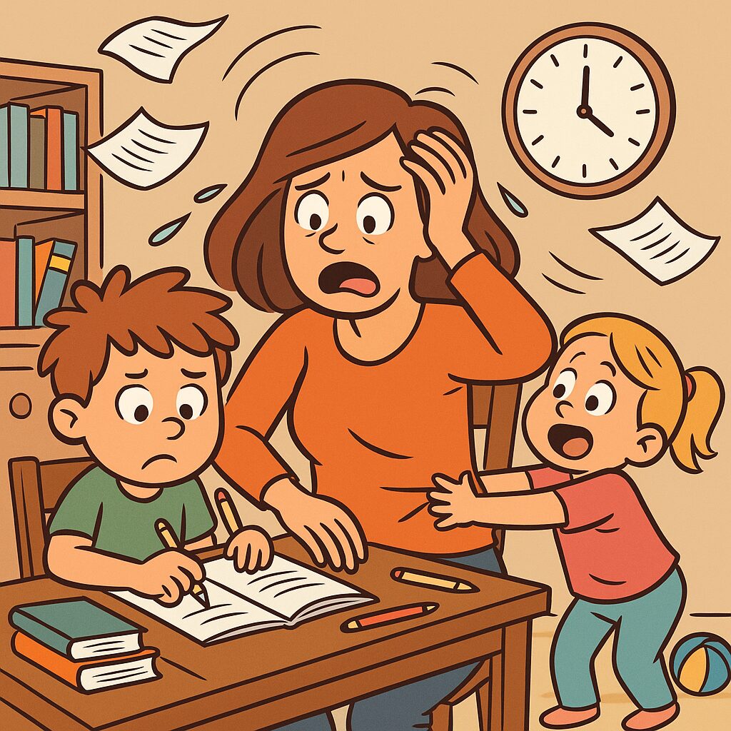 Famille débordée par les devoirs à la maison, mère stressée entourée de ses deux enfants dans une scène humoristique.