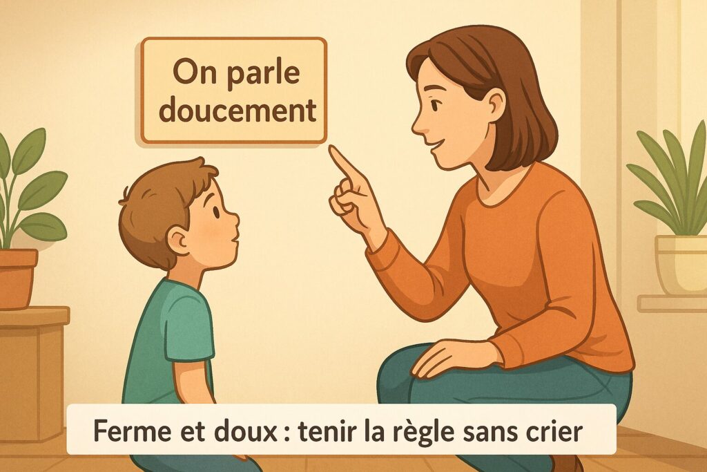 Parent à hauteur d’enfant indiquant la règle « On parle doucement » — tenir la règle sans crier.