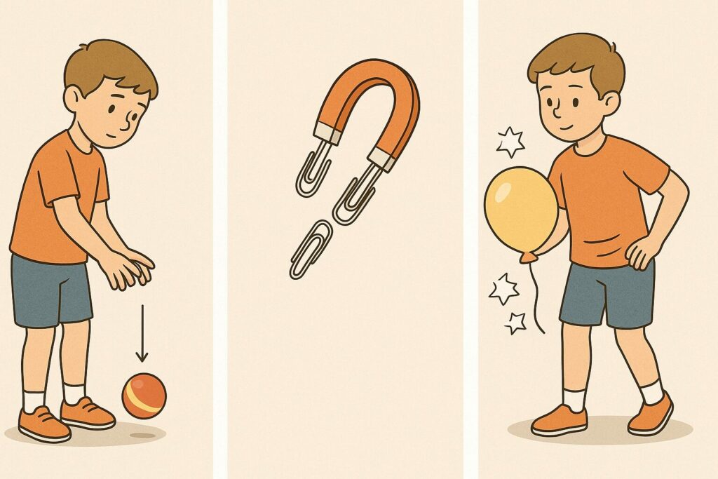 Illustration en trois scènes montrant une balle qui tombe, un aimant qui attire des trombones et un ballon qui attire des papiers pour expliquer les forces à distance.