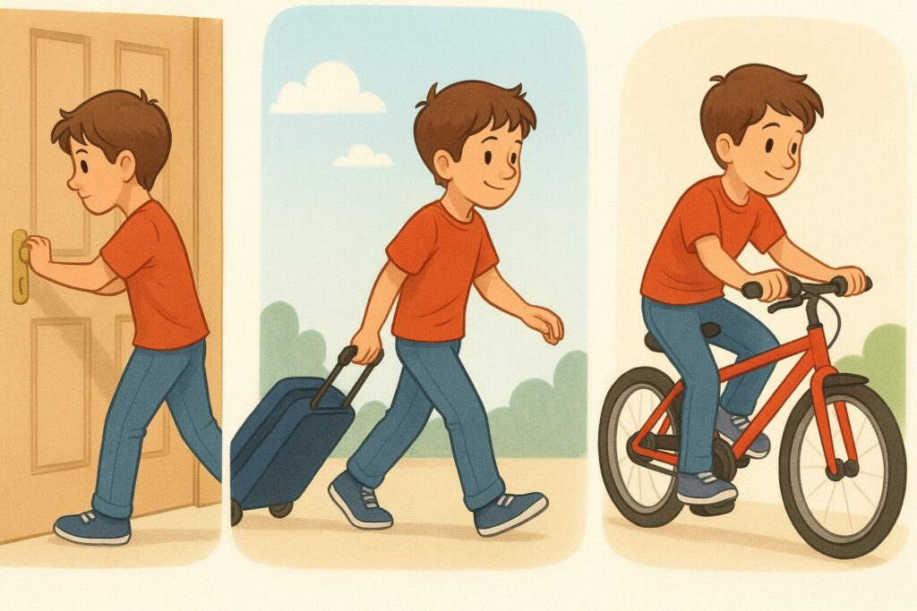 Trois vignettes montrant un enfant qui pousse une porte, tire une valise et roule à vélo pour illustrer les forces de contact.