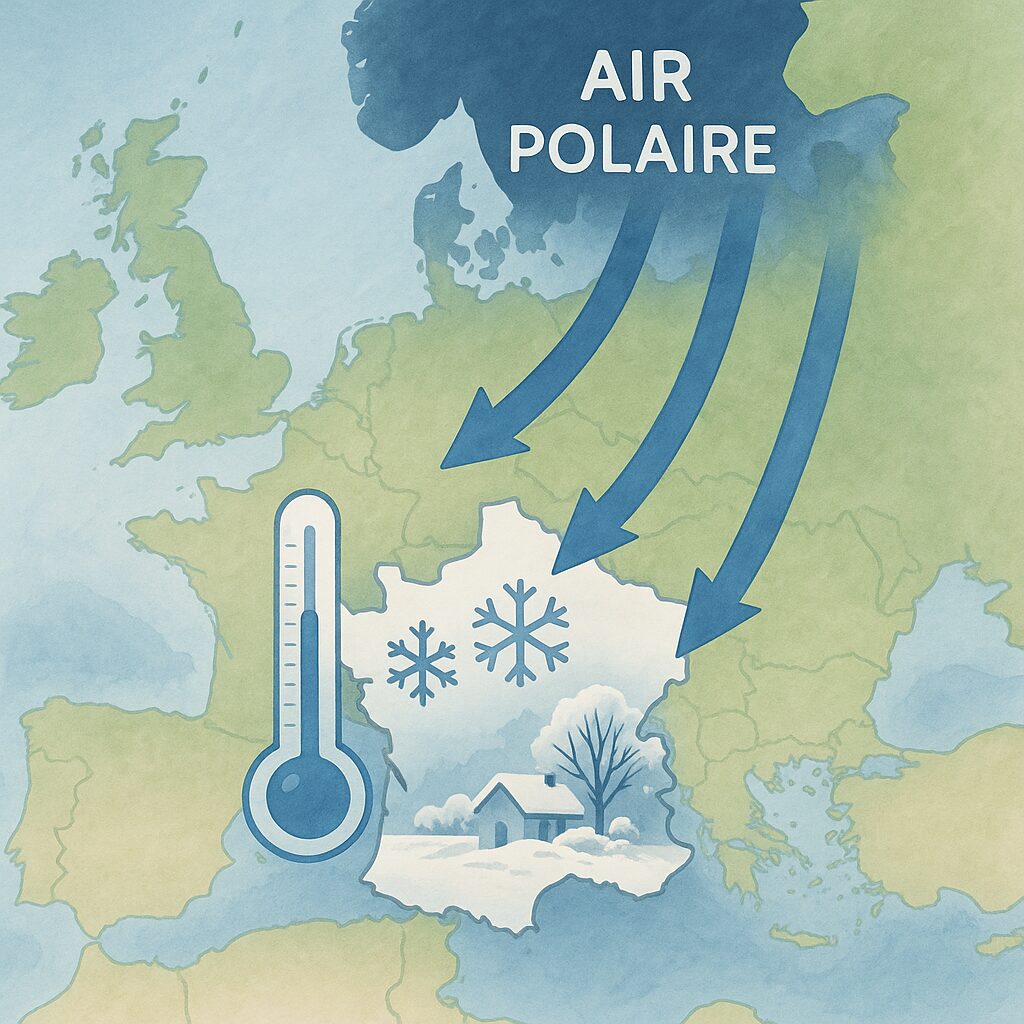 Schéma d’une vague de froid montrant de l’air polaire qui descend vers la France avec de grandes flèches bleues.