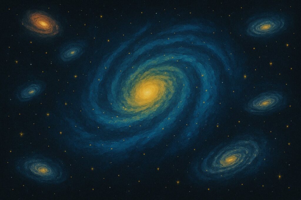 Plusieurs galaxies en spirale et des champs d’étoiles lumineuses dans le noir de l’espace
