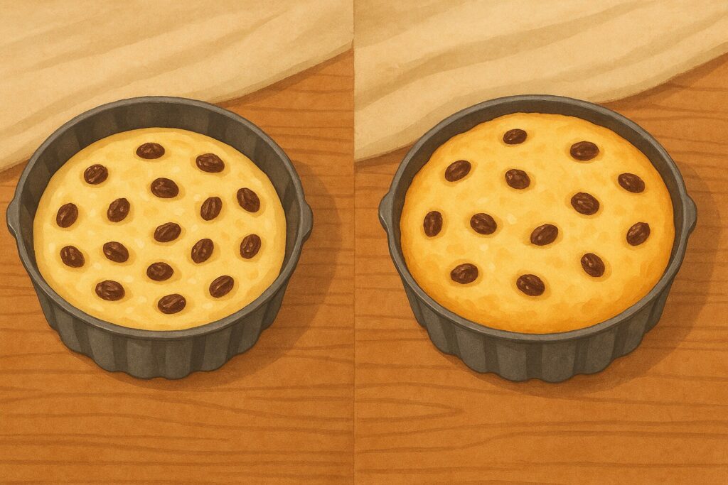 Illustration d’un gâteau aux raisins qui gonfle au four pour expliquer l’expansion de l’Univers