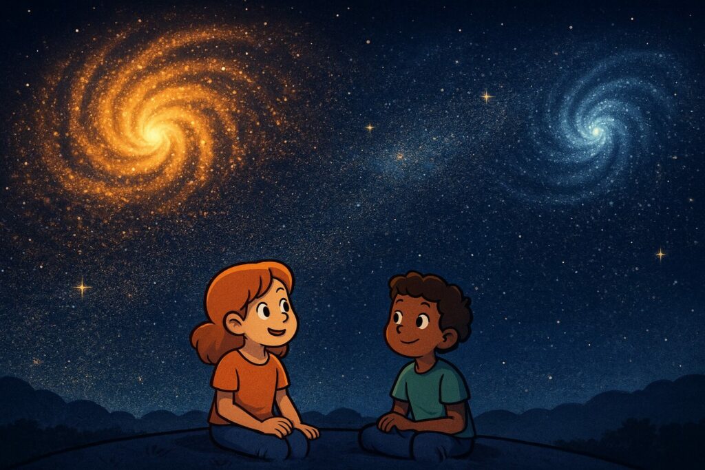 Deux enfants assis sous un ciel étoilé regardant deux galaxies, l’une brillante et l’autre plus faible, pour illustrer le Grand Gel de l’Univers.