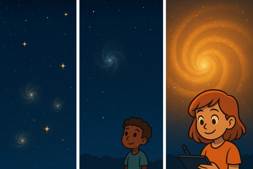 Triptyque montrant un ciel étoilé avec des galaxies de plus en plus rapprochées et un enfant prenant des notes pour illustrer le Grand Repli de l’Univers.