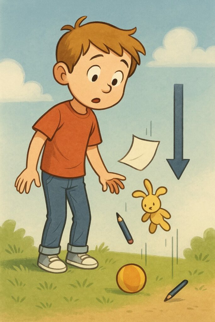 Enfant regardant plusieurs objets qui tombent vers le sol pour illustrer que la gravité attire tout vers le bas.