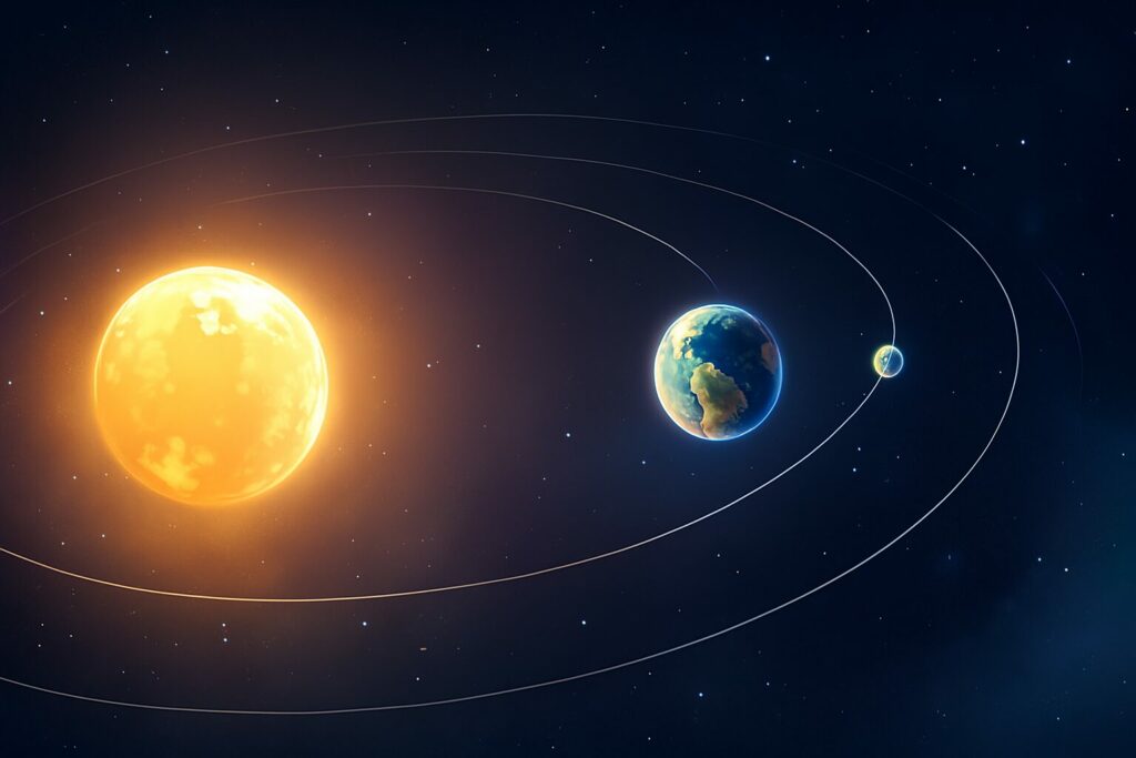 Illustration du Soleil, de la Terre et de la Lune avec leurs orbites pour montrer que la gravité maintient les astres en mouvement autour les uns des autres.