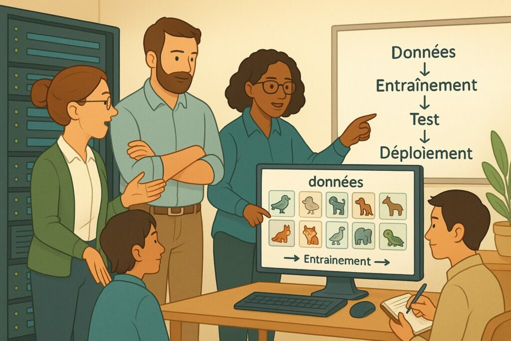Équipe de chercheurs et d’ingénieurs devant un supercalculateur, entraînant une IA à reconnaître des images d’animaux.