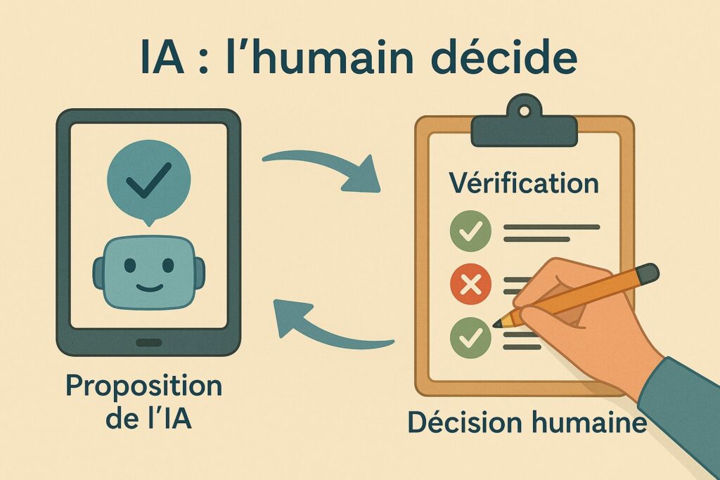 Schéma pédagogique : à gauche, un écran avec visage de robot “Proposition de l’IA” ; flèches vers une fiche “Vérification” sur clipboard ; à droite, une main coche et écrit “Décision humaine”. Titre : “IA : l’humain décide”.