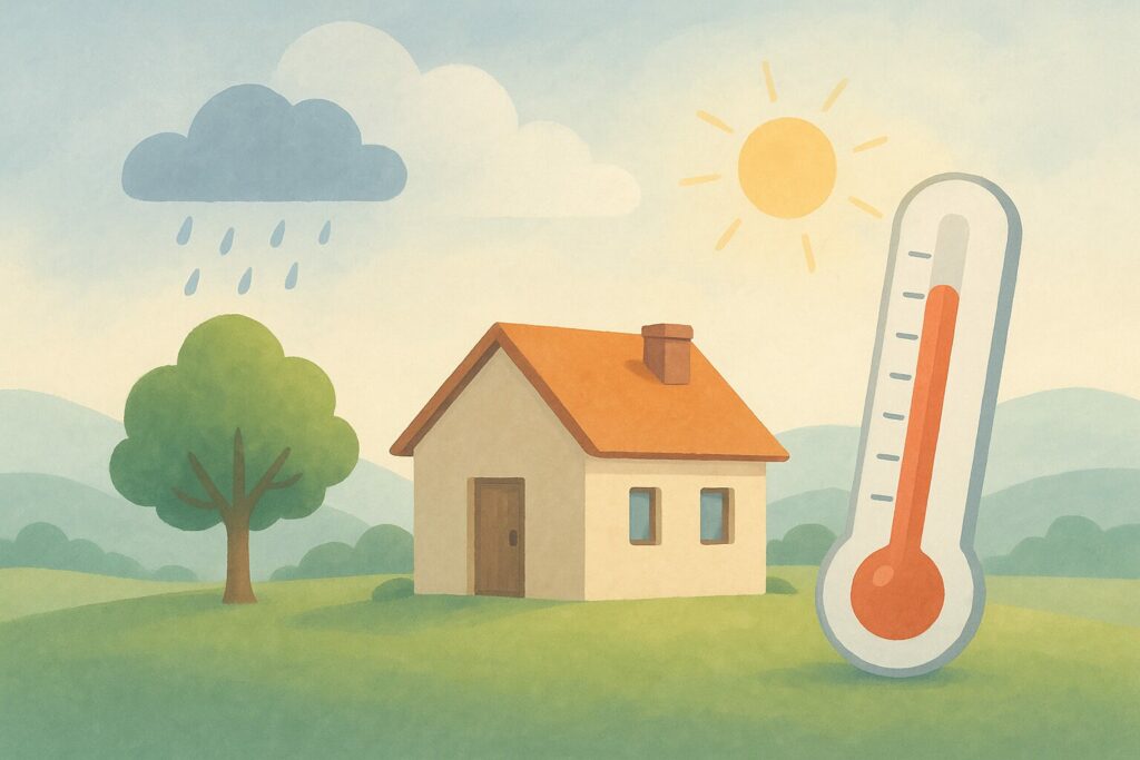 Petite maison avec nuage, soleil et thermomètre pour illustrer la météo du jour.