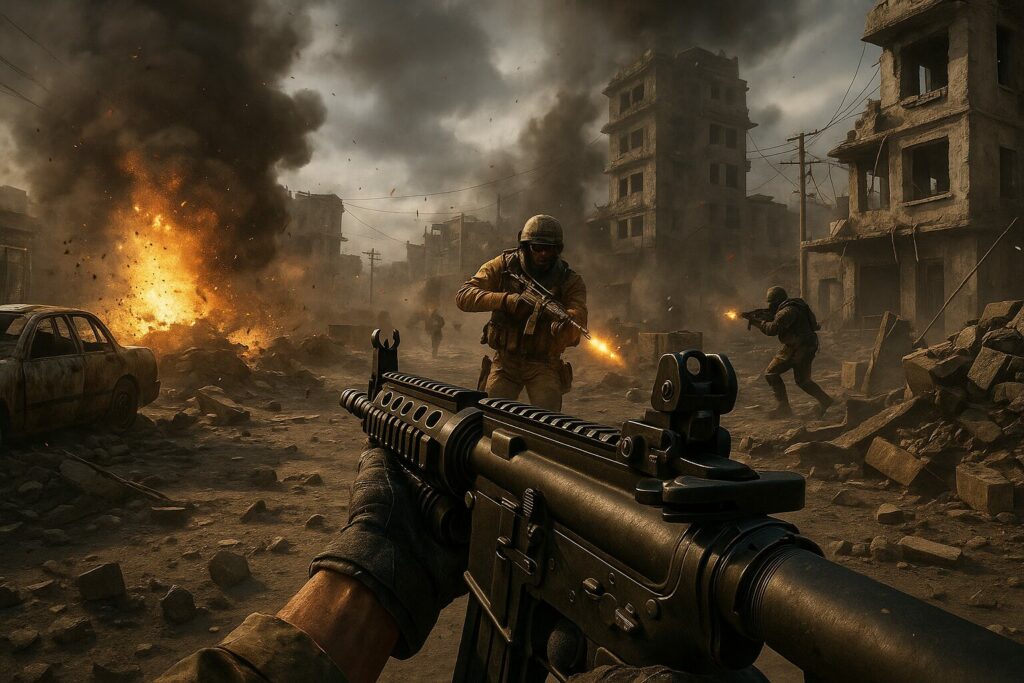 Scène de jeu vidéo moderne montrant un soldat armé dans une ville en ruines, inspirée des jeux de tir actuels.