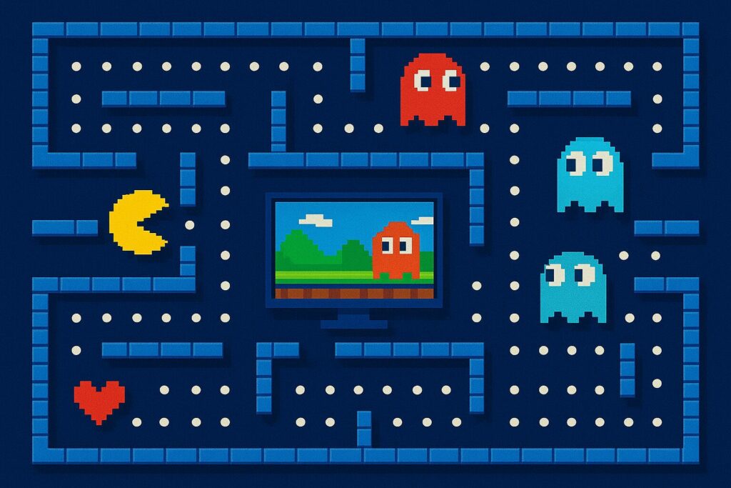 Écran de jeu vidéo rétro en pixel art représentant un labyrinthe simple avec un personnage type Pac-Man et des fantômes colorés.