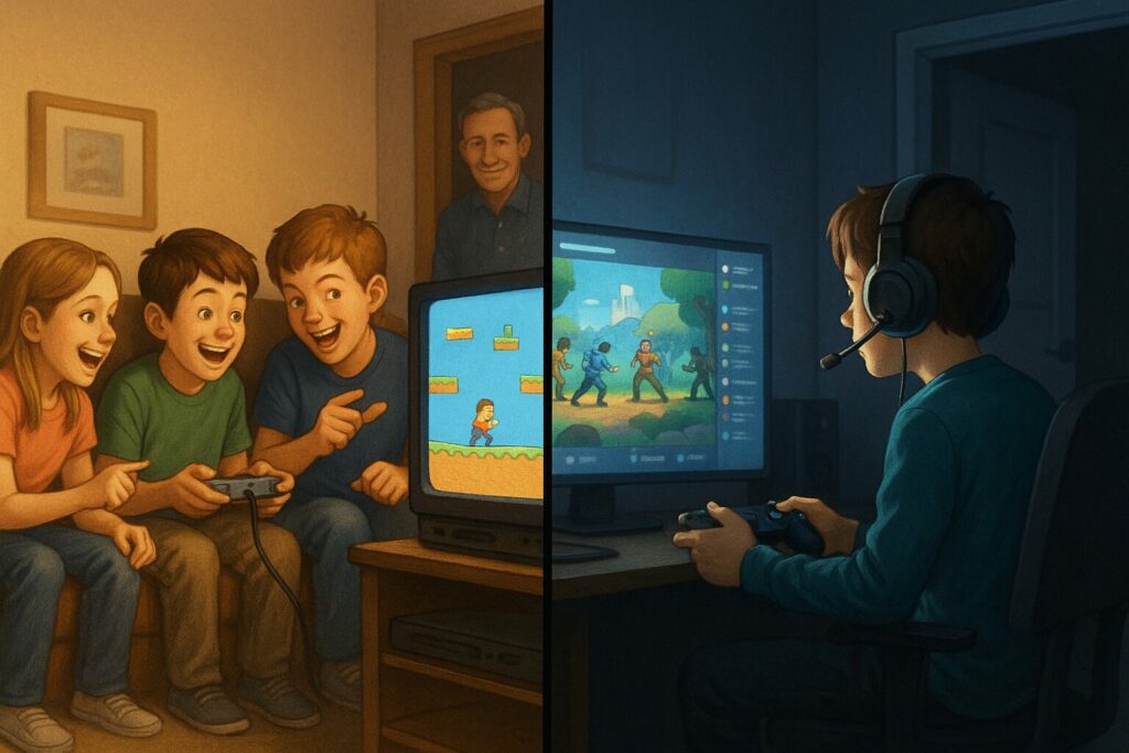 Illustration montrant des enfants jouant aux jeux vidéo ensemble sur un canapé à gauche et un enfant jouant seul en ligne avec un casque à droite, pour comparer jeux en local et jeux en ligne.