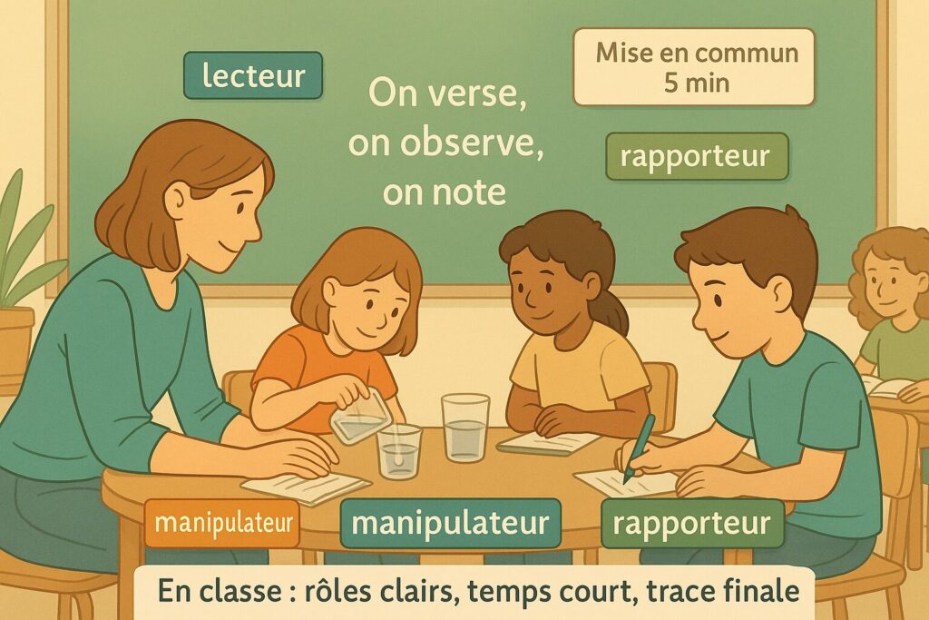 Atelier en classe avec rôles, consigne visible et mise en commun finale.