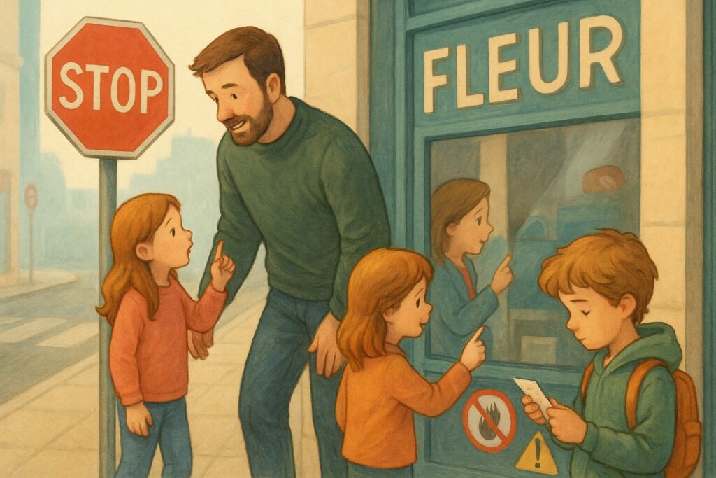 Parent et enfants qui observent des panneaux, des étiquettes et des pictogrammes pour apprendre à lire le monde qui les entoure.