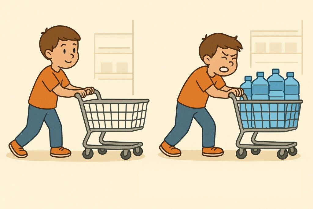 Enfant poussant un caddie vide puis un caddie plein de bouteilles pour illustrer la masse inertielle.