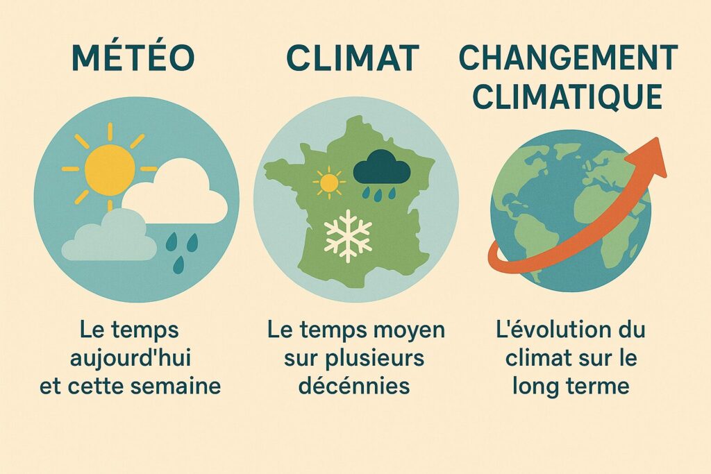 Trois panneaux : Météo (aujourd’hui), Climat (moyenne sur des décennies), Changement climatique (tendance de fond).