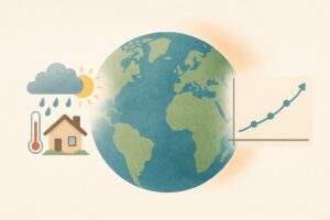 Illustration pédagogique montrant la différence entre météo et climat avec la Terre, une scène de temps du jour et un graphique de température.