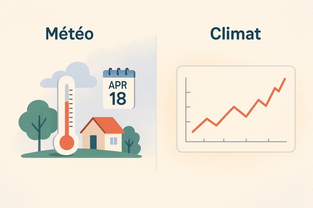Comparaison entre la météo du jour avec un thermomètre et le climat représenté par une courbe de température sur plusieurs années.