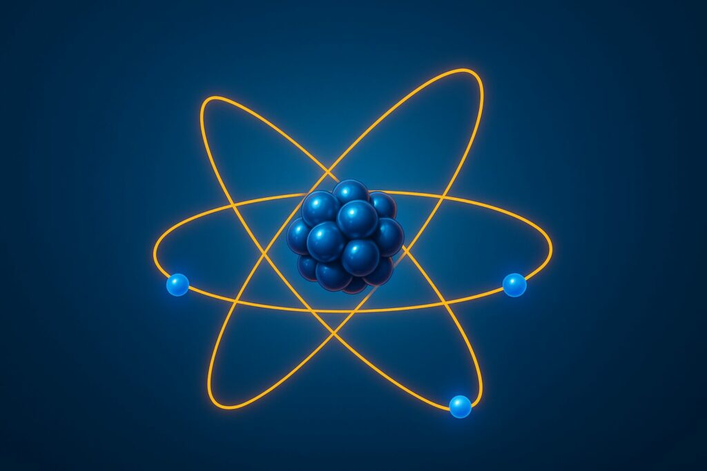 Schéma 3D d’un atome avec un noyau de sphères bleues et quatre électrons en orbite sur fond bleu