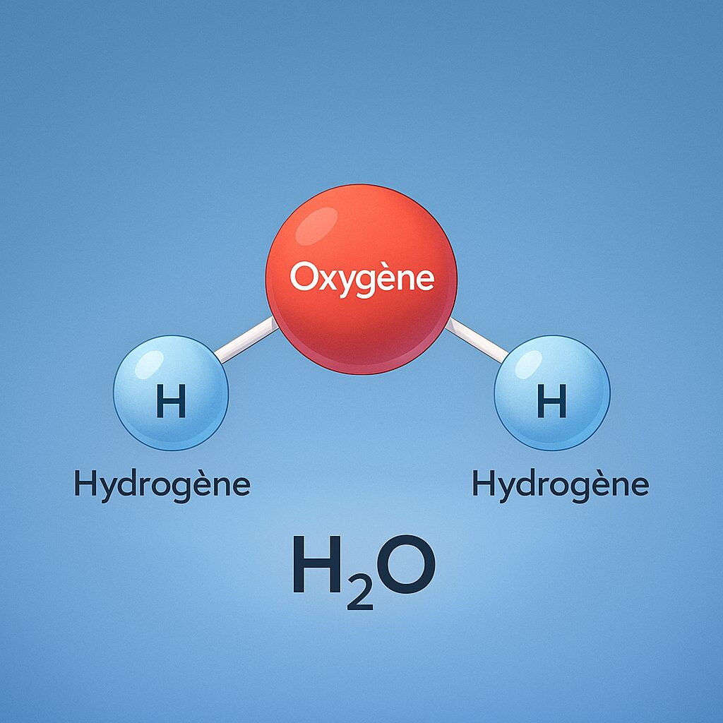 Schéma d’une molécule d’eau H2O avec un atome d’oxygène rouge et deux atomes d’hydrogène bleus