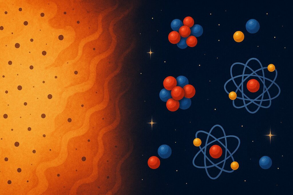 Illustration montrant à gauche un Univers chaud et ondulant, et à droite la matière qui s’organise en noyaux et atomes sur un fond de ciel étoilé.
